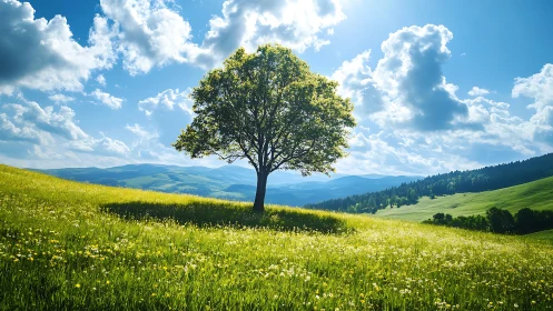 Solitary deciduous tree on sunlit meadow under cumulus sky