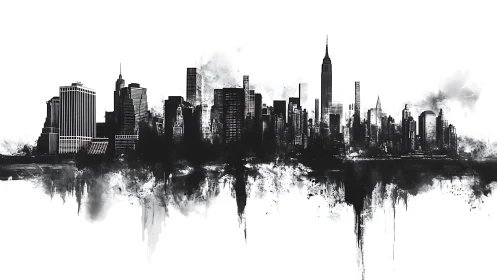 Black ink skyline shows dense high-rise city silhouette