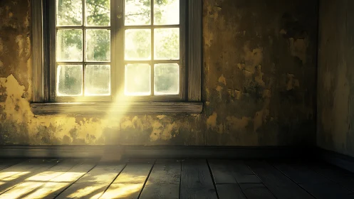 Sunlit dust beams traverse an abandoned, decaying interior