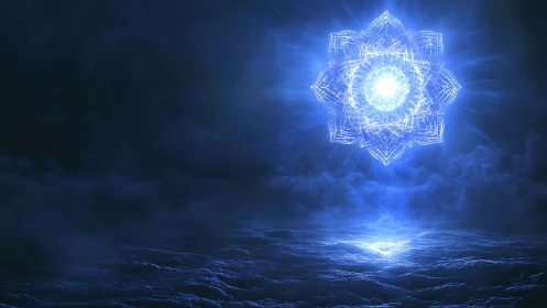 Luminous celestial mandala rising above a dreamlike sea.