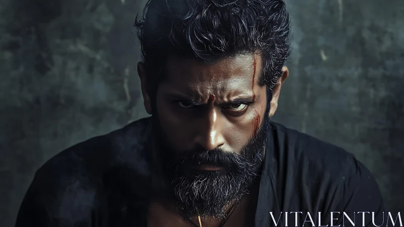 Intense bearded man stares forward with bloodied face