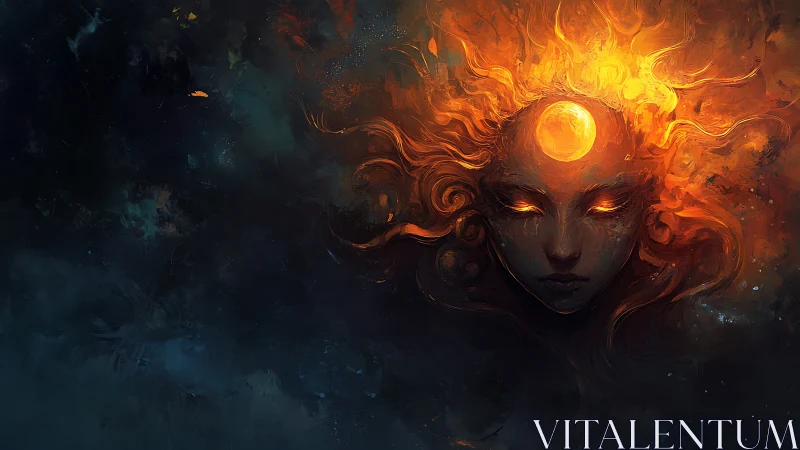 Celestial fire goddess portrait with solar third eye halo