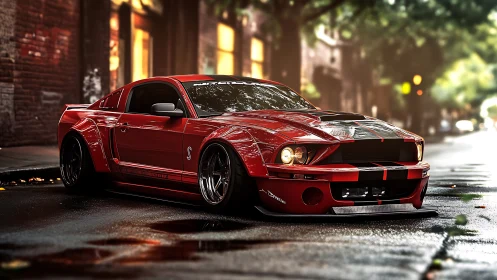 Street-tuned red muscle car under soft city bokeh glow.