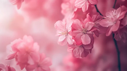 Macro optical study of pink cherry blossoms in shallow focus.
