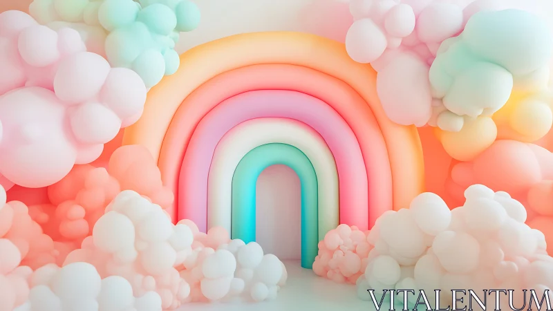 Soft pastel balloon rainbow tunnel with cloud clusters.