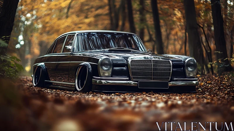 Low-slung classic Mercedes prowls through an autumn forest dream