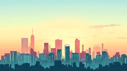 Urban skyline silhouette against gradient dusk sky.