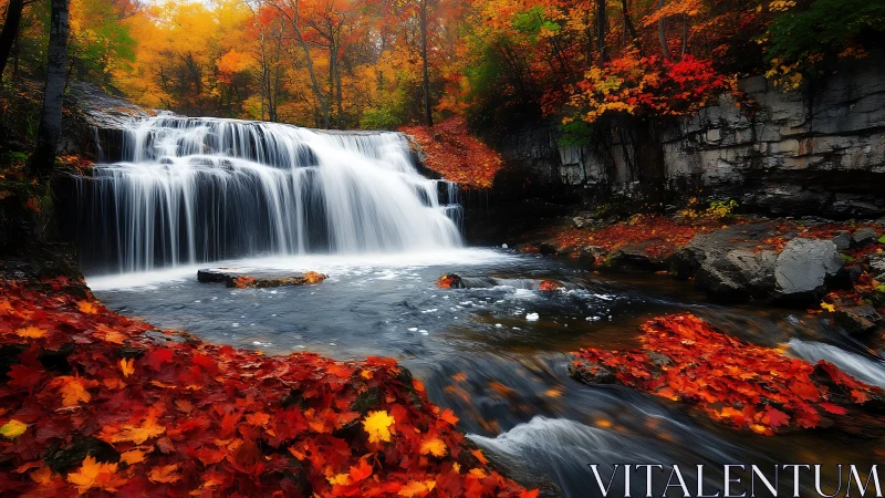 Waterfall flows through forested gorge with dense autumn foliage