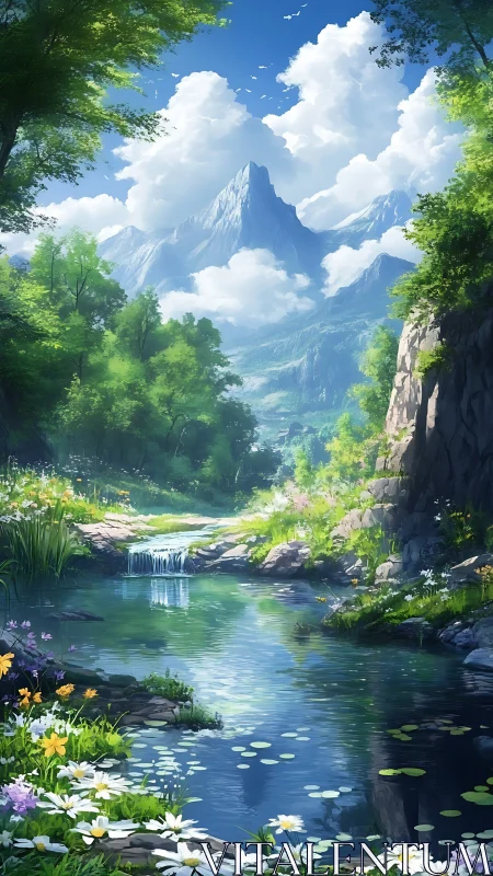 Gentle mountain stream welcomes you into a bright green valley