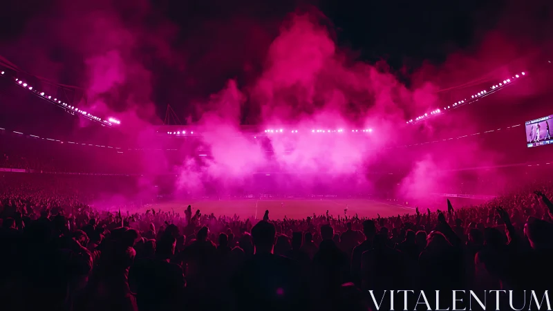 Stadium crowd immersed in magenta smoke under intense floodlights