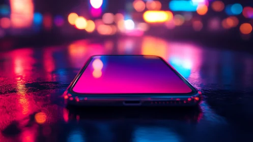 Edge-to-edge smartphone on wet neon surface under shallow depth