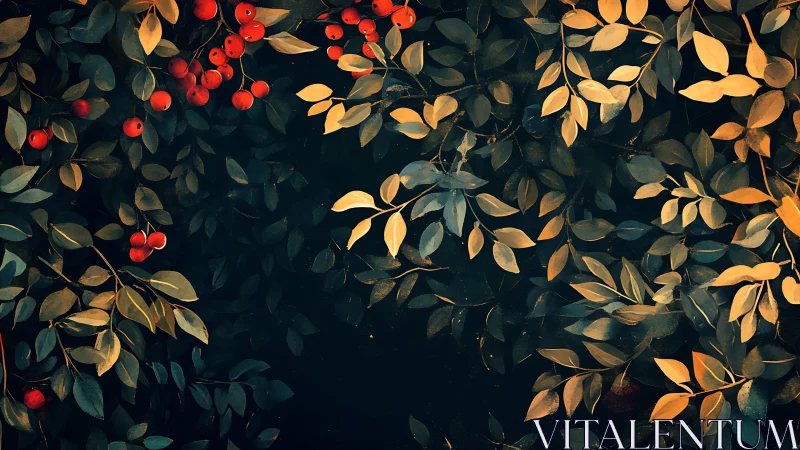 Autumnal berry branches overlay dense nocturnal foliage field