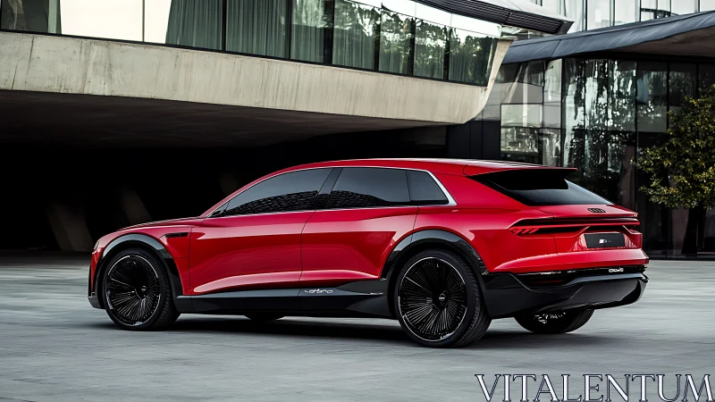 Crimson electric crossover glowing against sleek city glass.