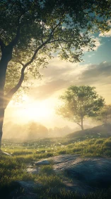 Sunrise meadow hush where golden light braids shadows.