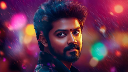 Digitally rendered portrait uses neon bokeh, rim lighting, glossy skin shading