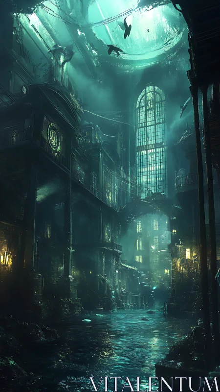 Submerged interior depicts flooded hall with central glass dome