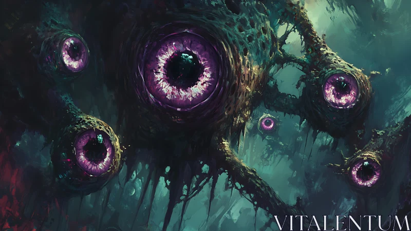 Eldritch floating eyes in dark organic voidscape.