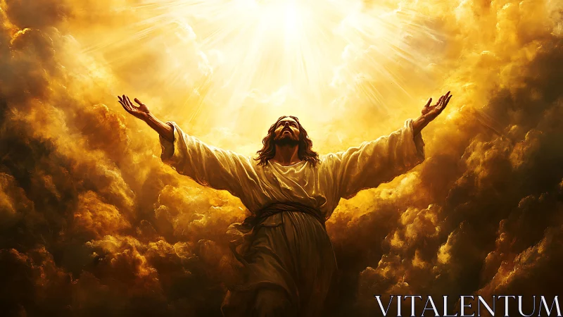 Radiant robed figure reaching toward intense golden light.