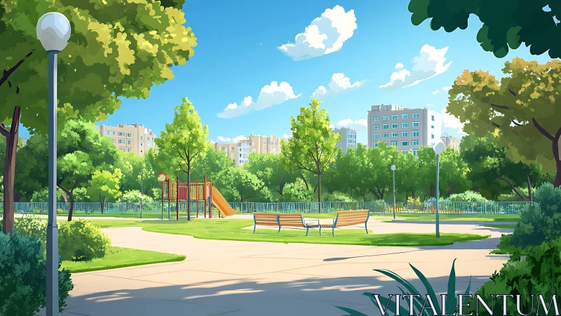 Sunlit urban park playground under clear summer sky.