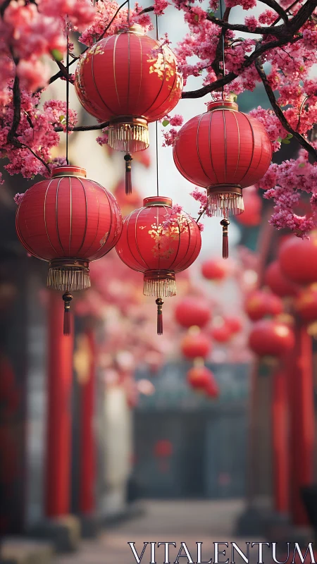 Red lanterns among cherry blossoms in narrow street scene.