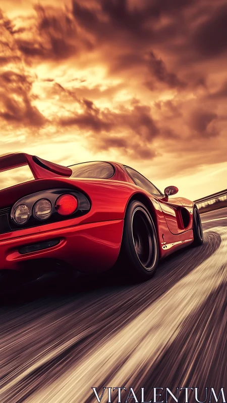 Red supercar powers along highway beneath blazing sunset sky.