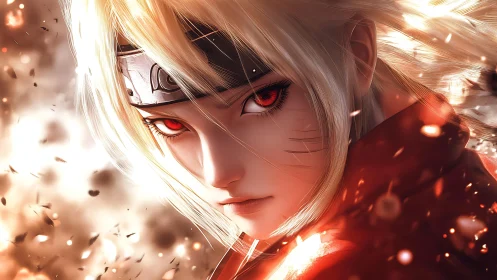 Anime warrior close-up with dynamic fiery particle lighting.
