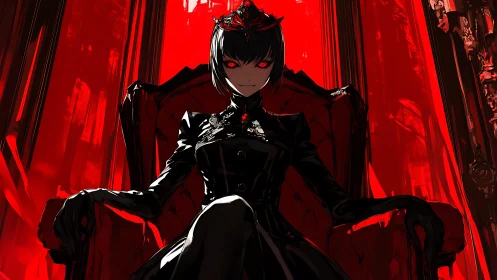 Dark throne queen in red-lit gothic anime chamber.