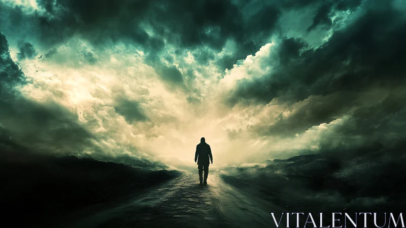 Solitary figure advances along reflective road into luminous storm