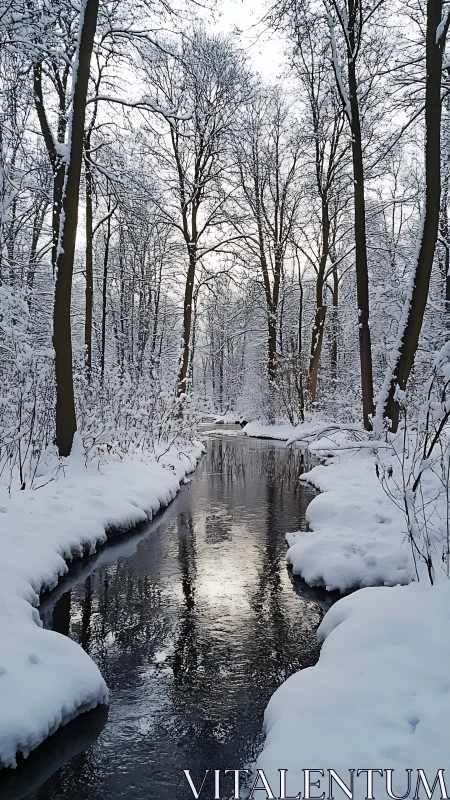Winter riparian corridor with reflective stream under snow-laden trees