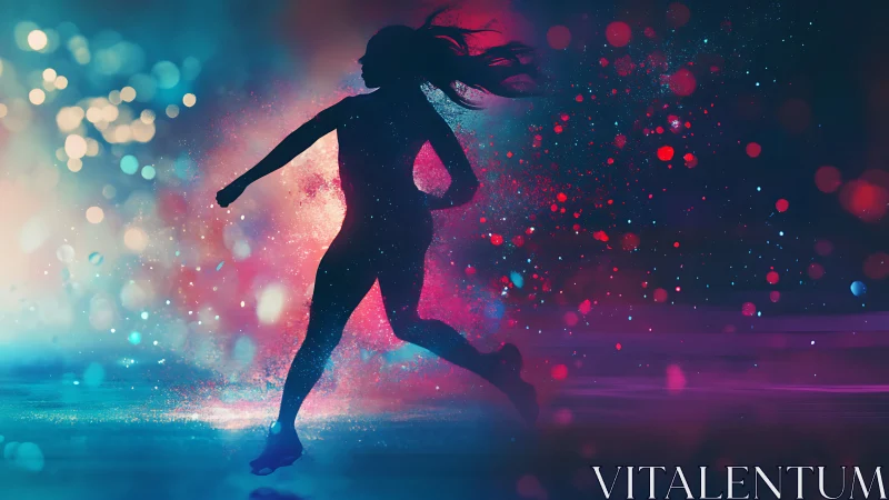 Silhouette runner explodes through neon bokeh motion field.