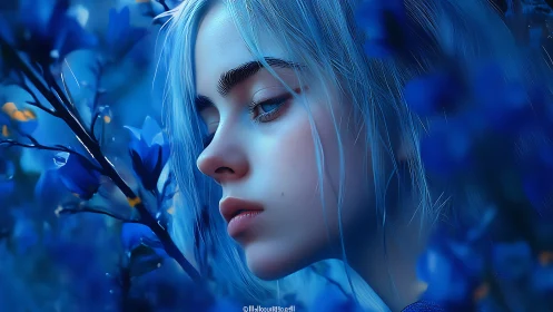 Dreamy blue-haired girl rests quietly among soft flowers