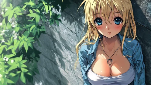 Sunlit anime girl rests quietly against an old stone wall