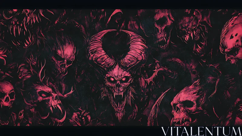 Infernal horned demon amid chaotic crimson skull swarm.
