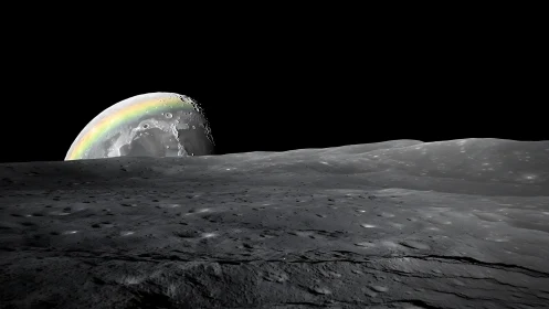 Lunar regolith horizon with prismatic crescent Earthrise arc.