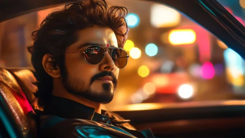 Stylized driver in neon city car interior, shallow focus portrait