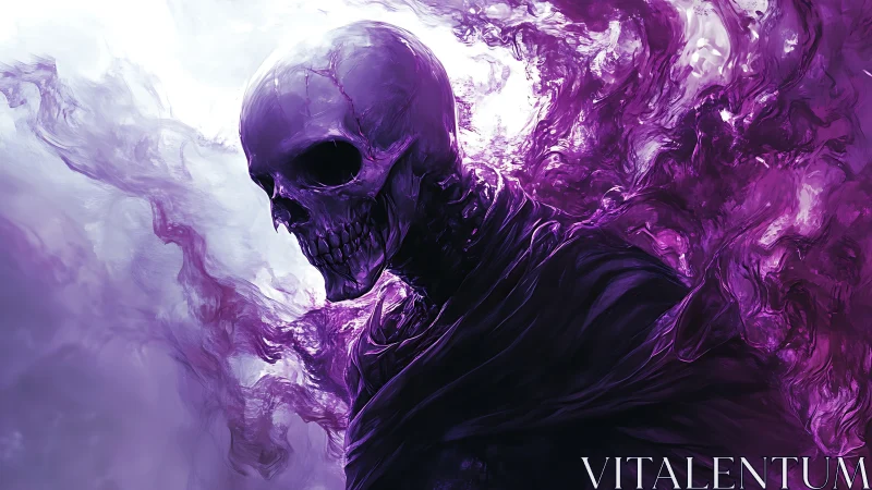 Spectral violet skull entity dissolving into turbulent vapor.