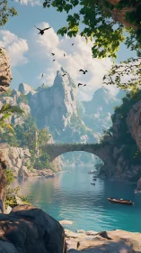 Stone arch bridge spans tranquil river in steep mountain gorge