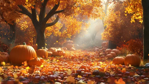 3D autumn forest path with pumpkins and dappled light composition.
