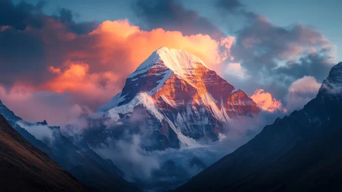 Sunlit snow peak rising through gentle mountain clouds.