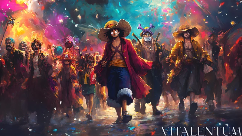 Straw-hatted pirates advance through blazing festival light.