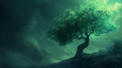 Emerald dreamtree leans into stormlit twilight skies.