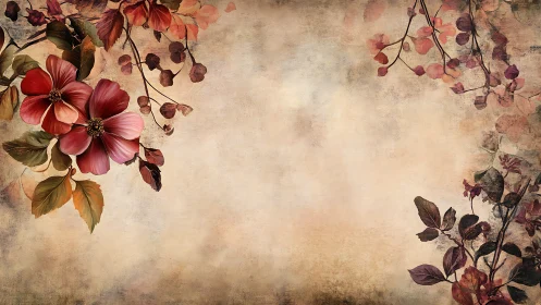 Vintage petals drifting over parchment skies of autumn.