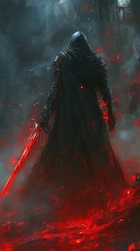 Shrouded warlord with blazing sword in infernal stormscape.