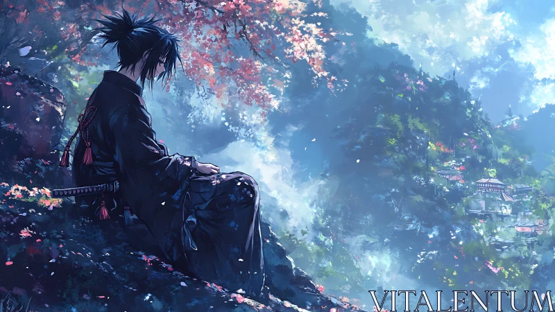 Solitary samurai rests above a misty, sunlit valley