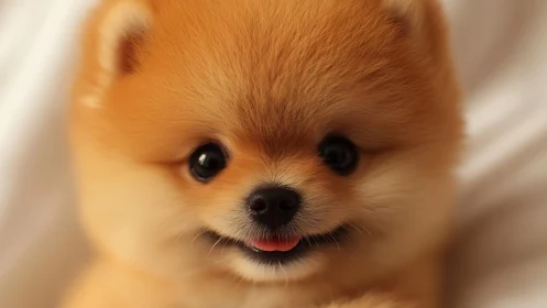 Pomeranian puppy close-up with plush fur and soft bokeh lighting.