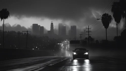 Car approaches on wet city road under dense storm clouds
