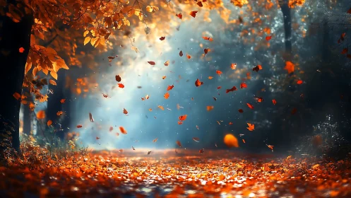 Autumn forest path with windblown leaves in warm light.