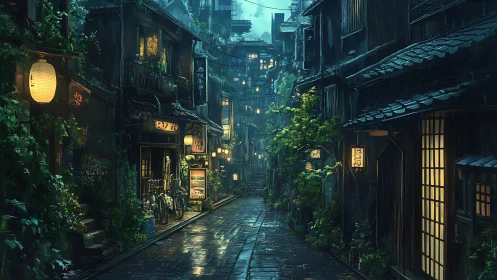 Rain-soaked Japanese alley glows with warm lantern light