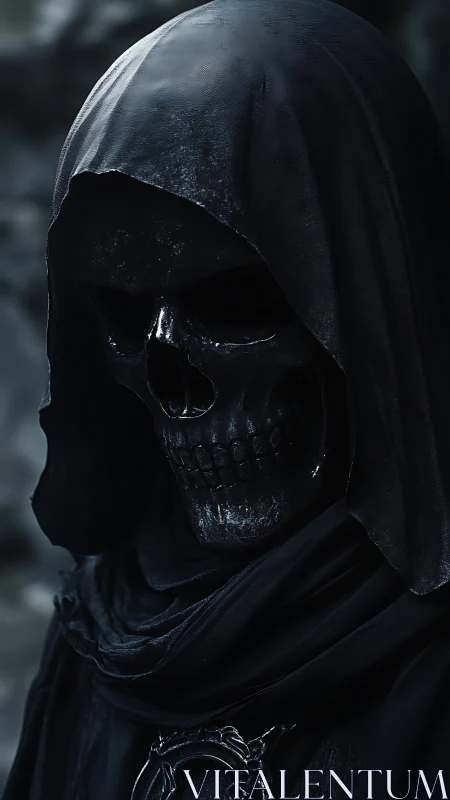 Hooded skeletal reaper rendered in moody low key lighting.