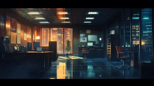 Midnight office quietly drinks in the neon city glow